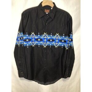 Plains Western Wear Pearl Snap Shirt Men M Black Aztec Brushpopper Cowboy Rodeo